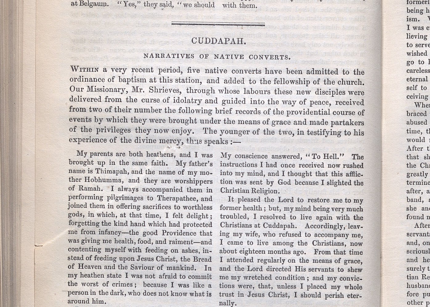 Page of periodical with title (“Cuddapah”), subtitle (“Narratives of Native Converts”), and text.