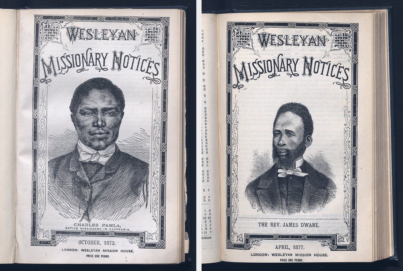Title pages of Wesleyan Missionary Notices with illustrations of, left, Charles Pamla and, right, James Dwane.