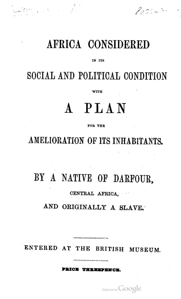 Title page for Africa Considered in its Social and Political Condition [...].