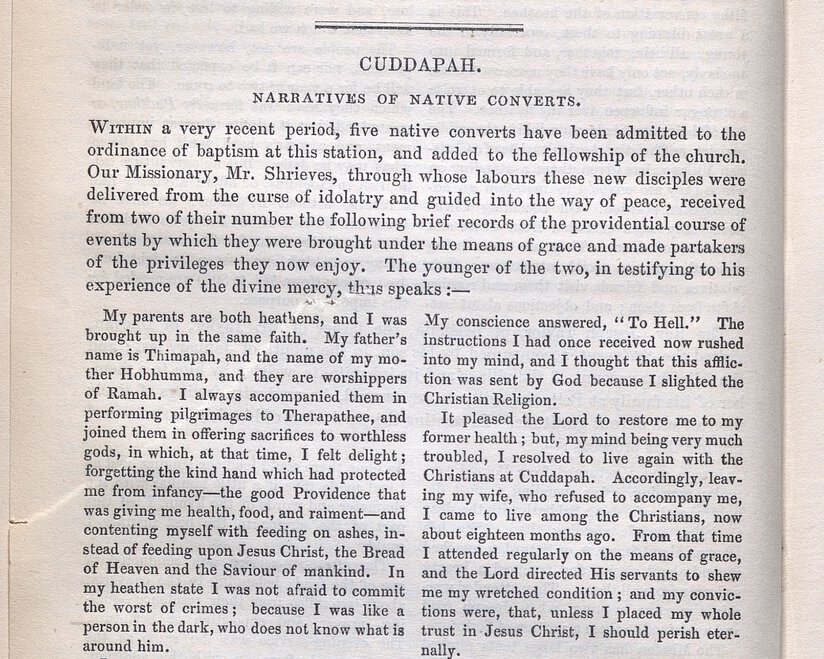 Page of periodical with title (“Cuddapah”), subtitle (“Narratives of Native Converts”), and text.