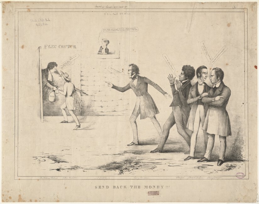William Chalmers taking money from a slaveholder as several men including Frederick Douglass watch.