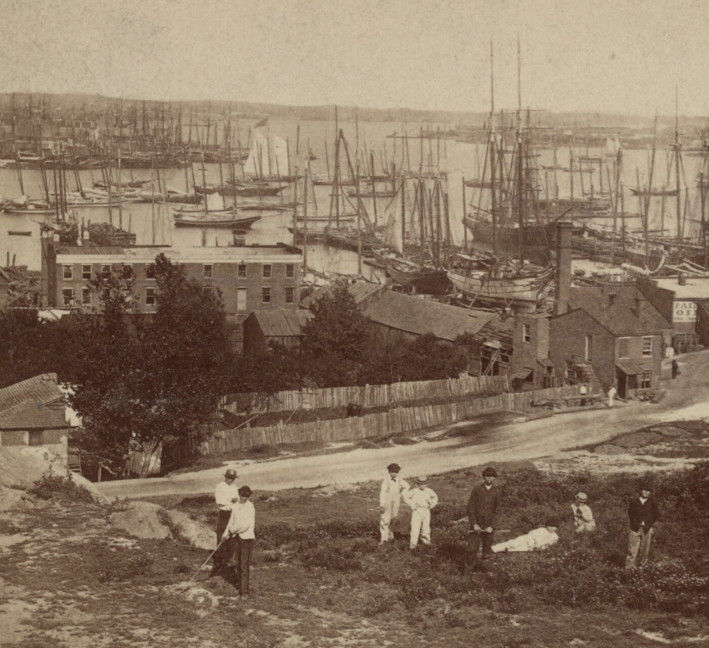 Group of men stand on a hill in front of boats in a harbor in the background.