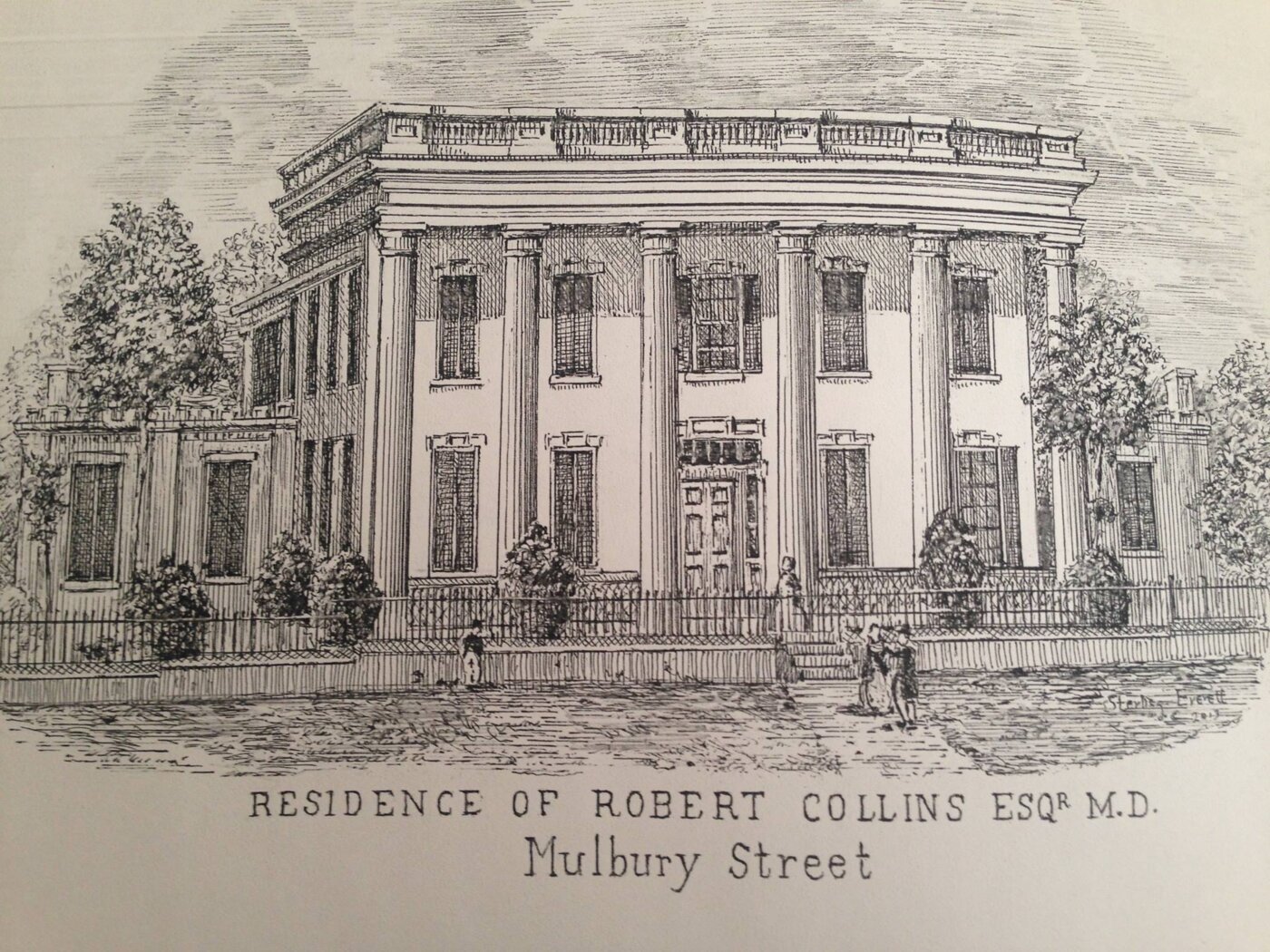 Sketch of a two-story Greek revival style house with pillars and a balcony.