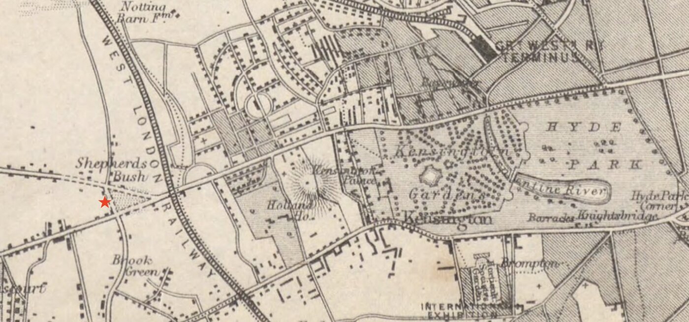Map of Kensington Gardens area in London with a star marking Shepherd's Bush.