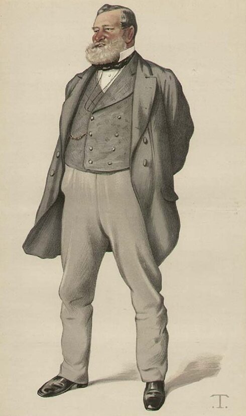 Sketch of a man standing in a suit with an open jacket.