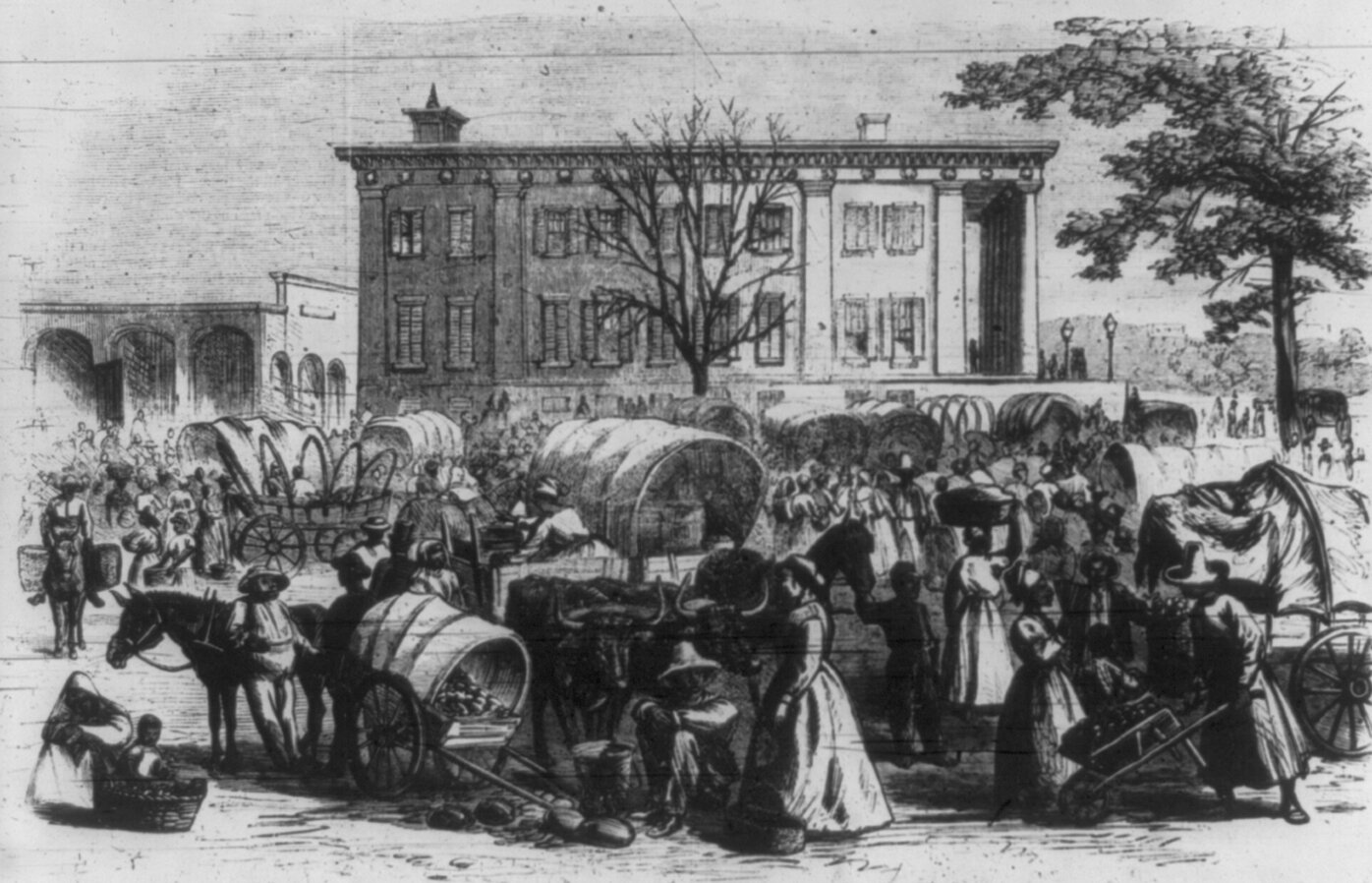 Newspaper sketch of a market scene with men and women with carts going about their business.