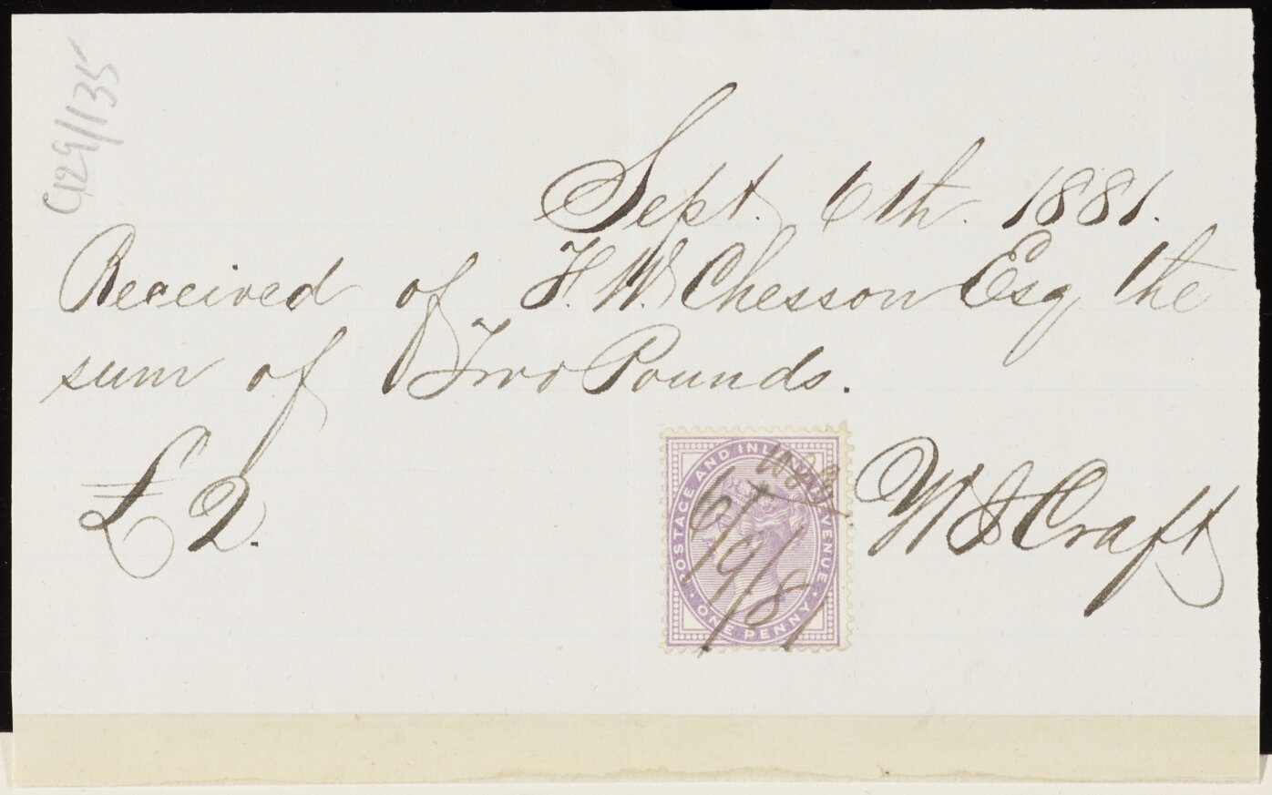 1884 receipt for two pounds, signed by William Ivens Craft.