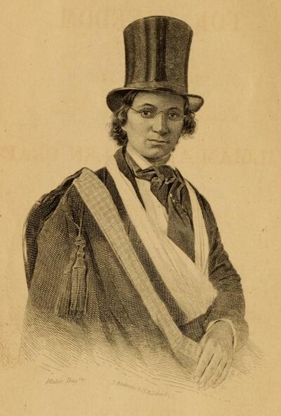 Sketch of a person dressed in a top hat and suit, and one arm in a sling.