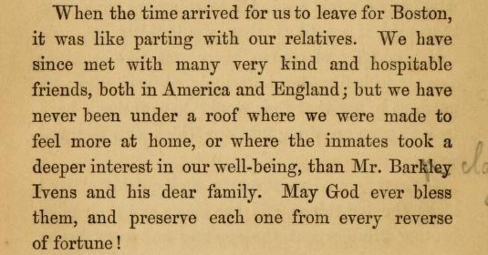 Text from the page of a book describing the Ivens' family hopsitality to the Crafts.