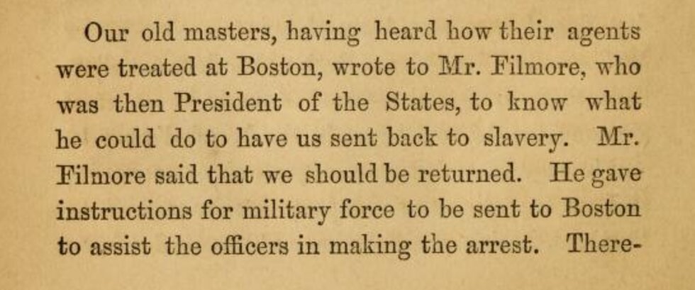 Text from the page of a book describing the action President Fillmore took to try and re-enslave the Crafts.