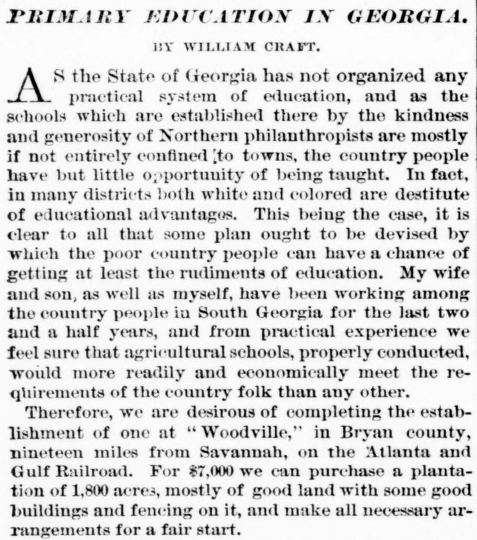 Newspaper article detailing William Craft's ideas about primary education.