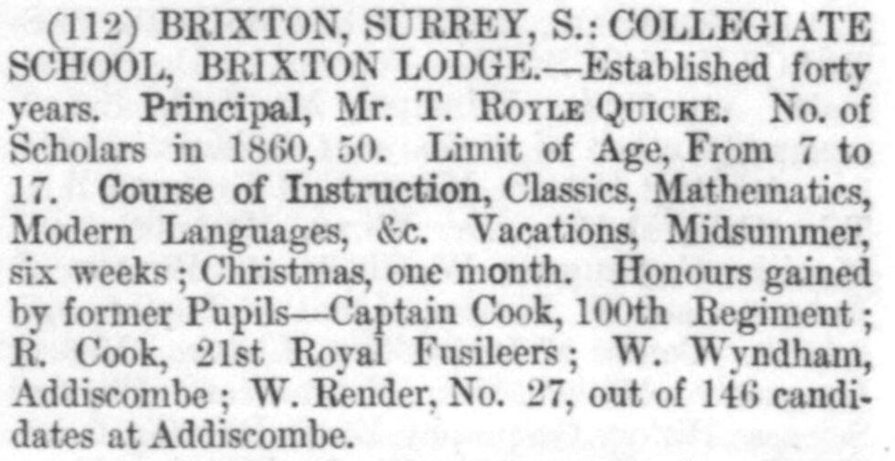 Newspaper advertisement for the Collegiate School in Brixton.