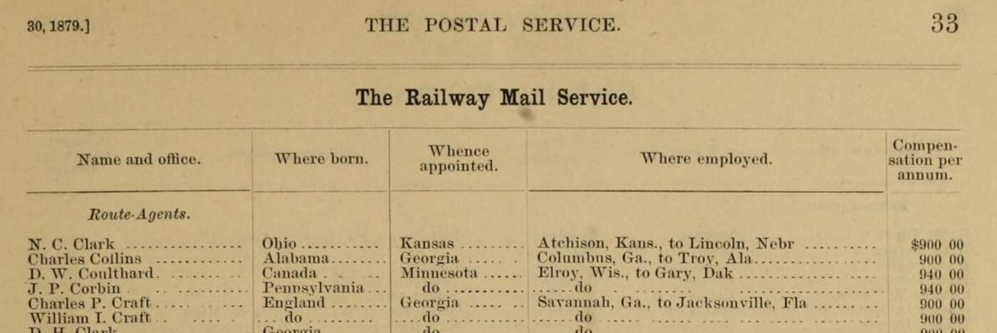 Text from a book listing William I. and Charles P. Craft as Route Agents on the Railway Mail Service.