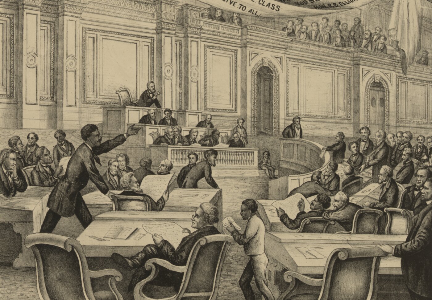 Sketch of a man standing and giving a speech to a room of seated men.