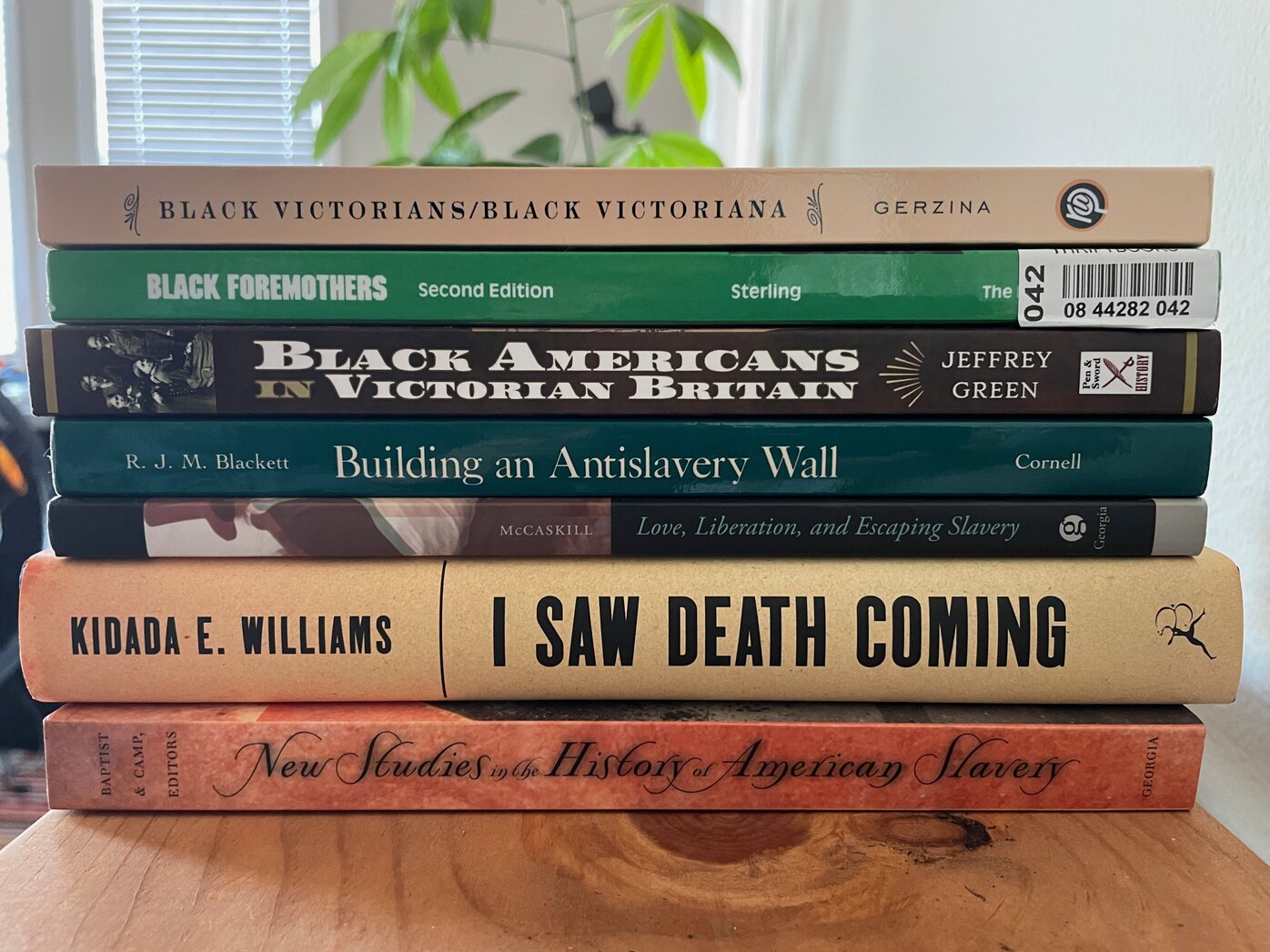 A stack of books with titles related to this project's bibliography.