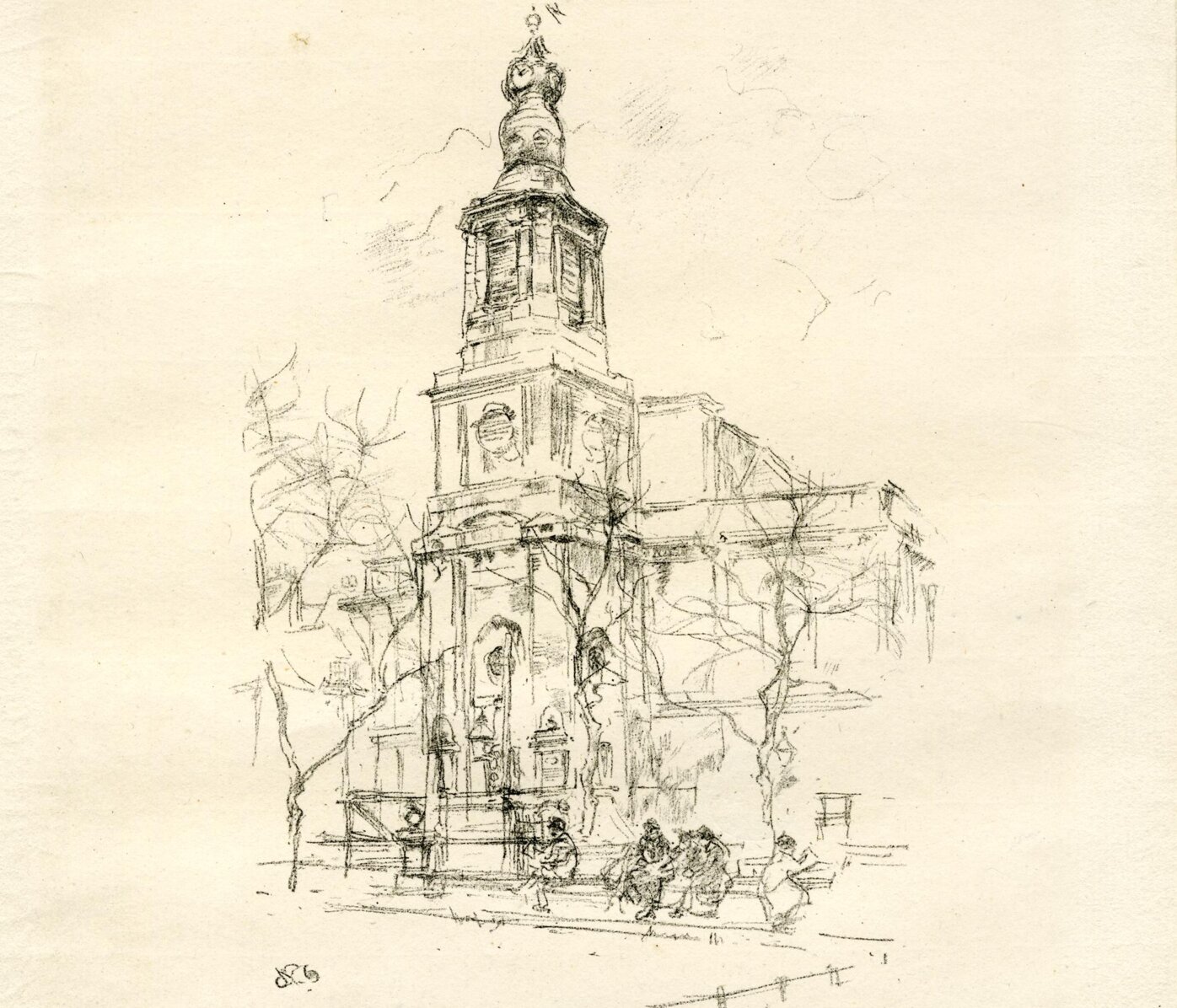 A sketch of a church with a large steeple topped with a clock.
