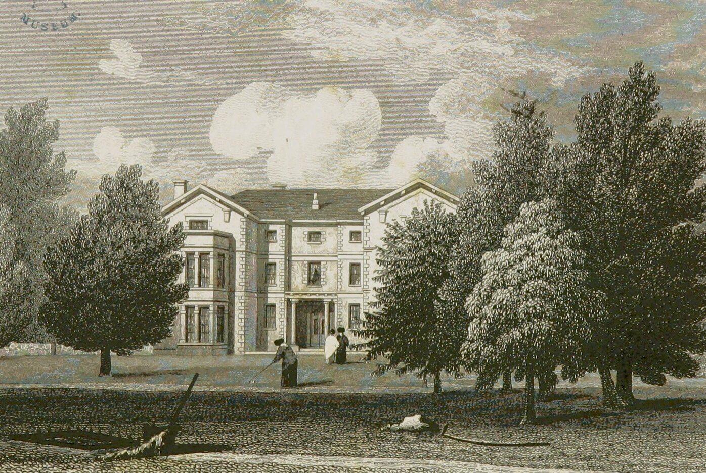 A sketch of a large country home with a field and trees in front of it.