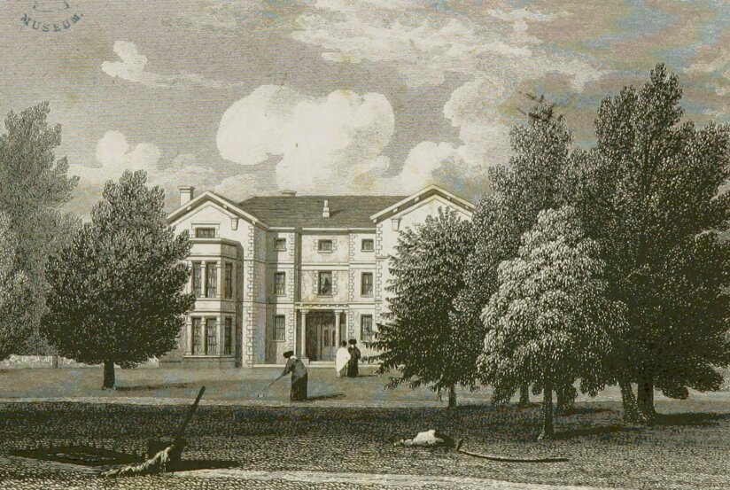 A sketch of a large country home with a field and trees in front of it.