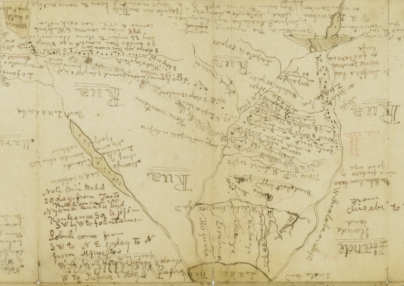Hand-drawn annotated map of Central Africa showing lakes and rivers; includes text “Note Bin Habib.”