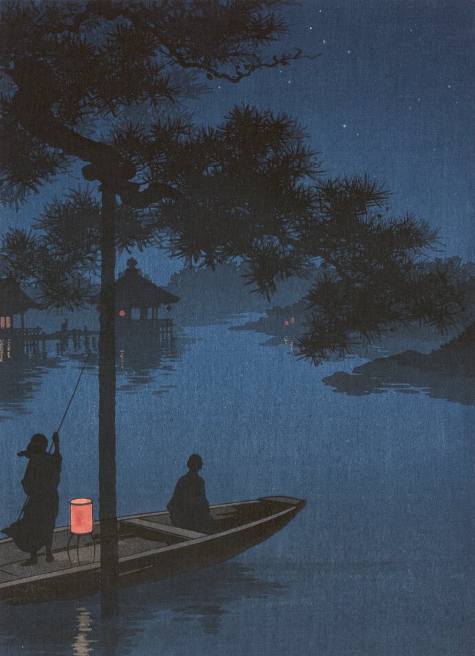Night scene of lake with two individuals on a canoe in silhouette (one standing, one sitting).