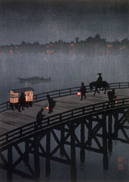Night scene of individuals in silhouette crossing bridge over river; most walking, one riding horse.