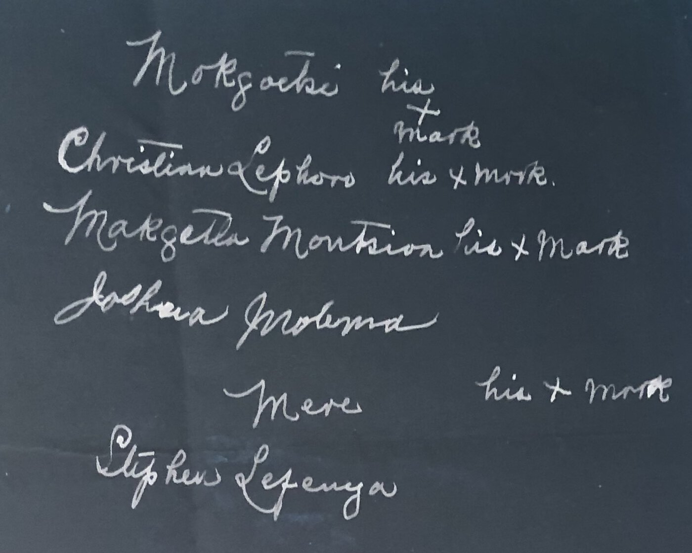 Names of several individuals, some with an “X” beside their name that is labeled as “his mark.”