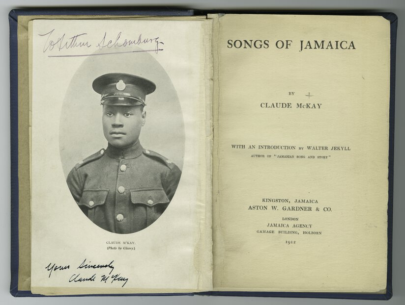 Inscribed frontispiece with portrait of Claude McKay; title page of “Songs of Jamaica.”