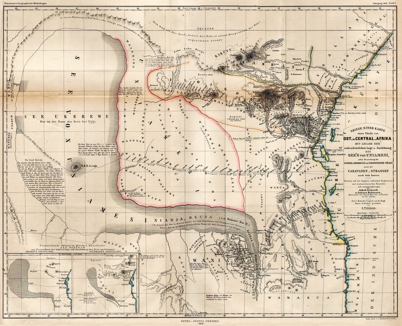 Annotated map of East Africa showing a giant interior lake, geographical features, trading routes.