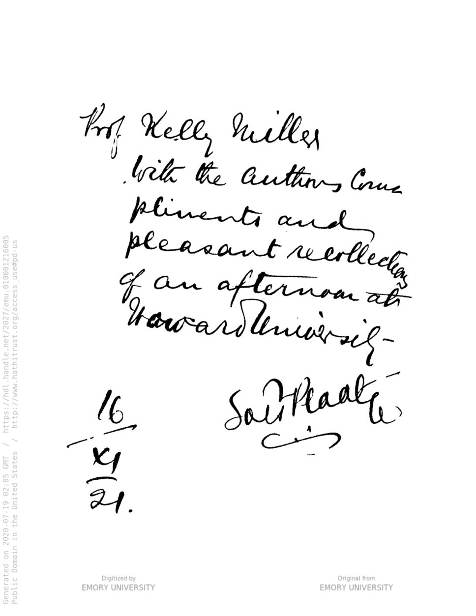 Page inscribed by Solomon T. Plaatje to Professor Kelly Miller, dated November 16, 1921.