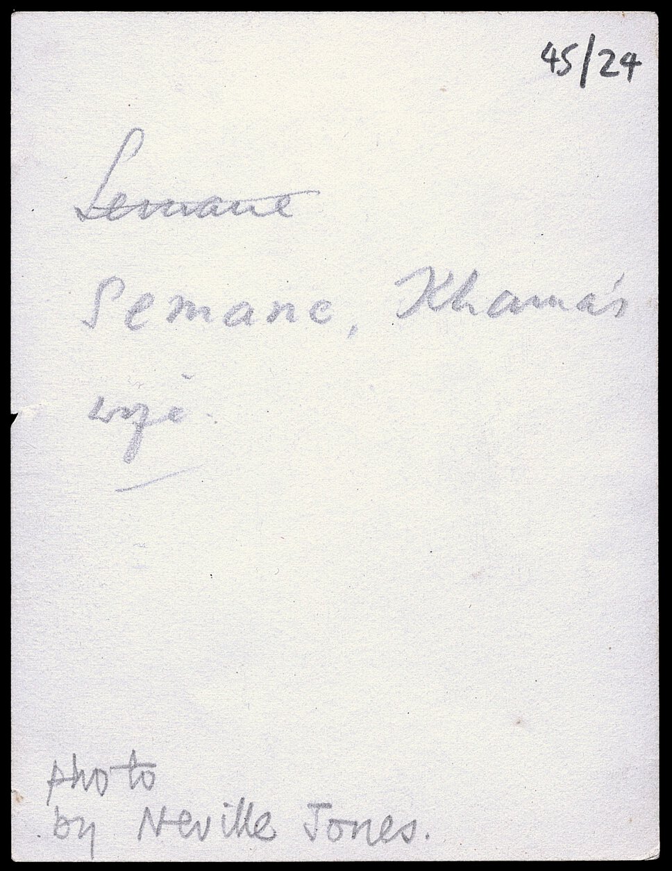 Verso of image, stating that image is of “Semane, Khama's wife” and “Photo by Neville Jones.”