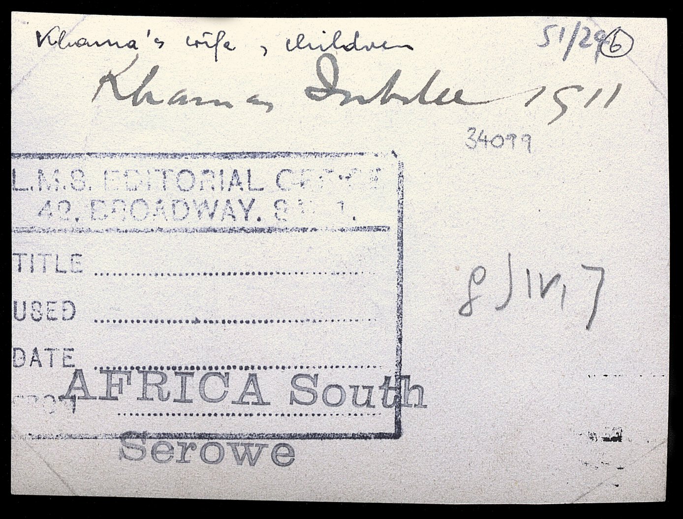Verso of image: “Khama's wife, children” and dates to Khama's Jubilee 1911.”