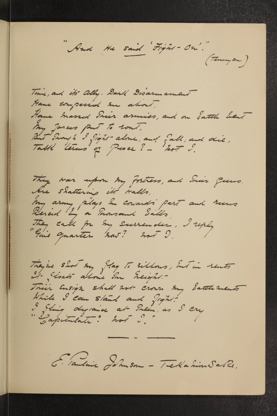 Facsimile of E. Pauline Johnson's manuscript of “And He Said ‘Fight On.’”