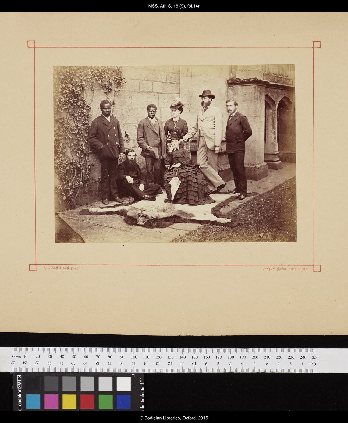J. Chuma, A. Susi, Agnes Livingstone, W. Webb, Oswald Livingstone, H. Waller, E.J. Webb, lion skin.