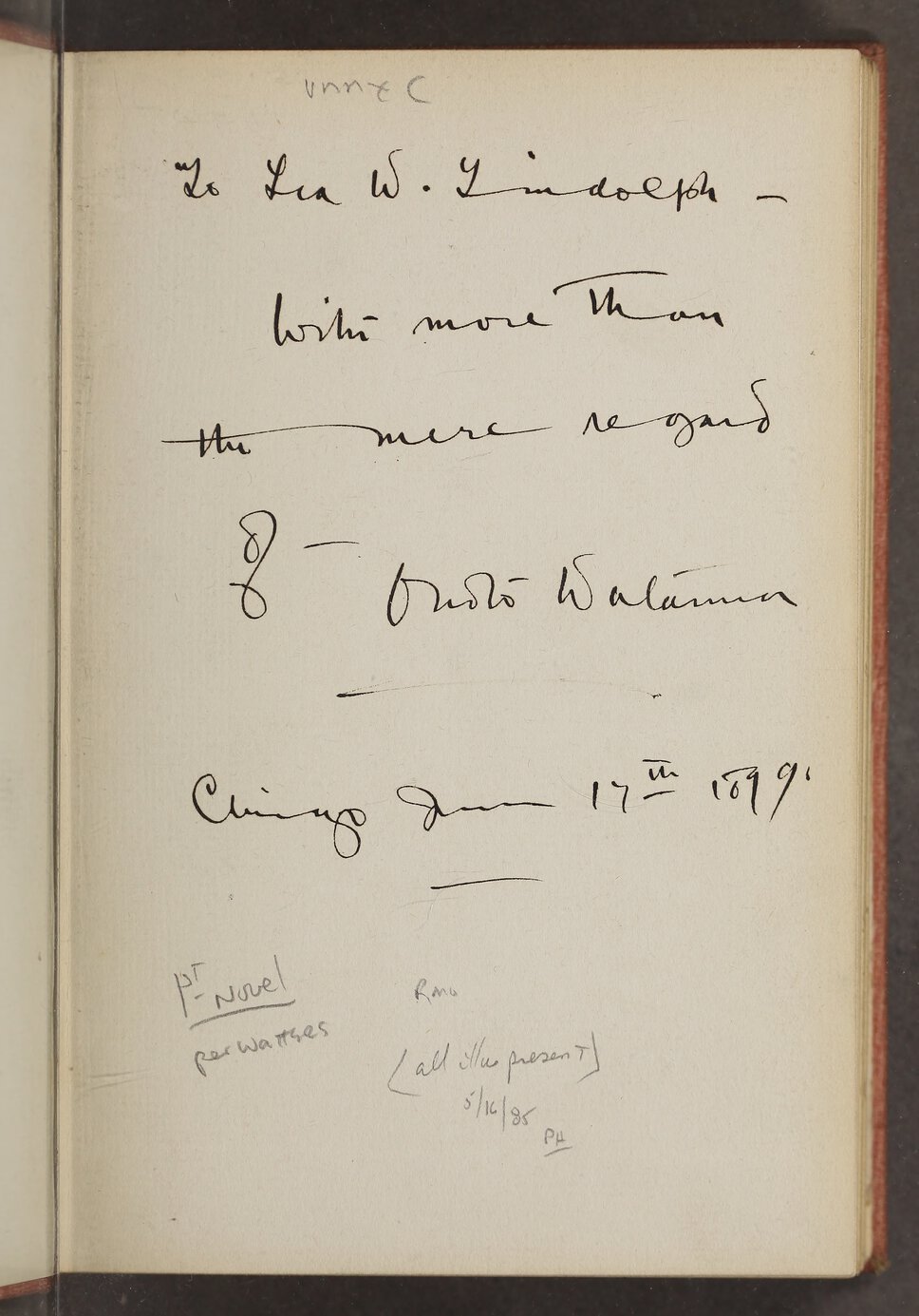 Page inscribed by Onoto Watanna to Lea W. Lindolph and dated “Chicago June 17 1899.”