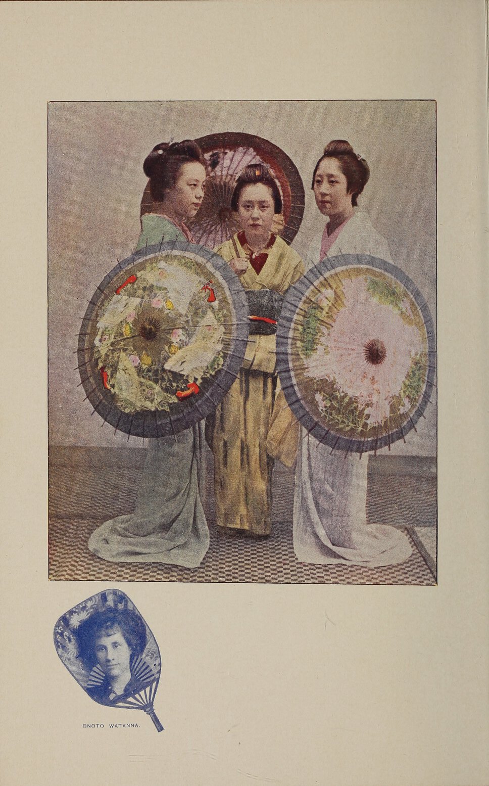 Headshot of Onoto Watanna below illustration of Numè, Koto, and Matsu.