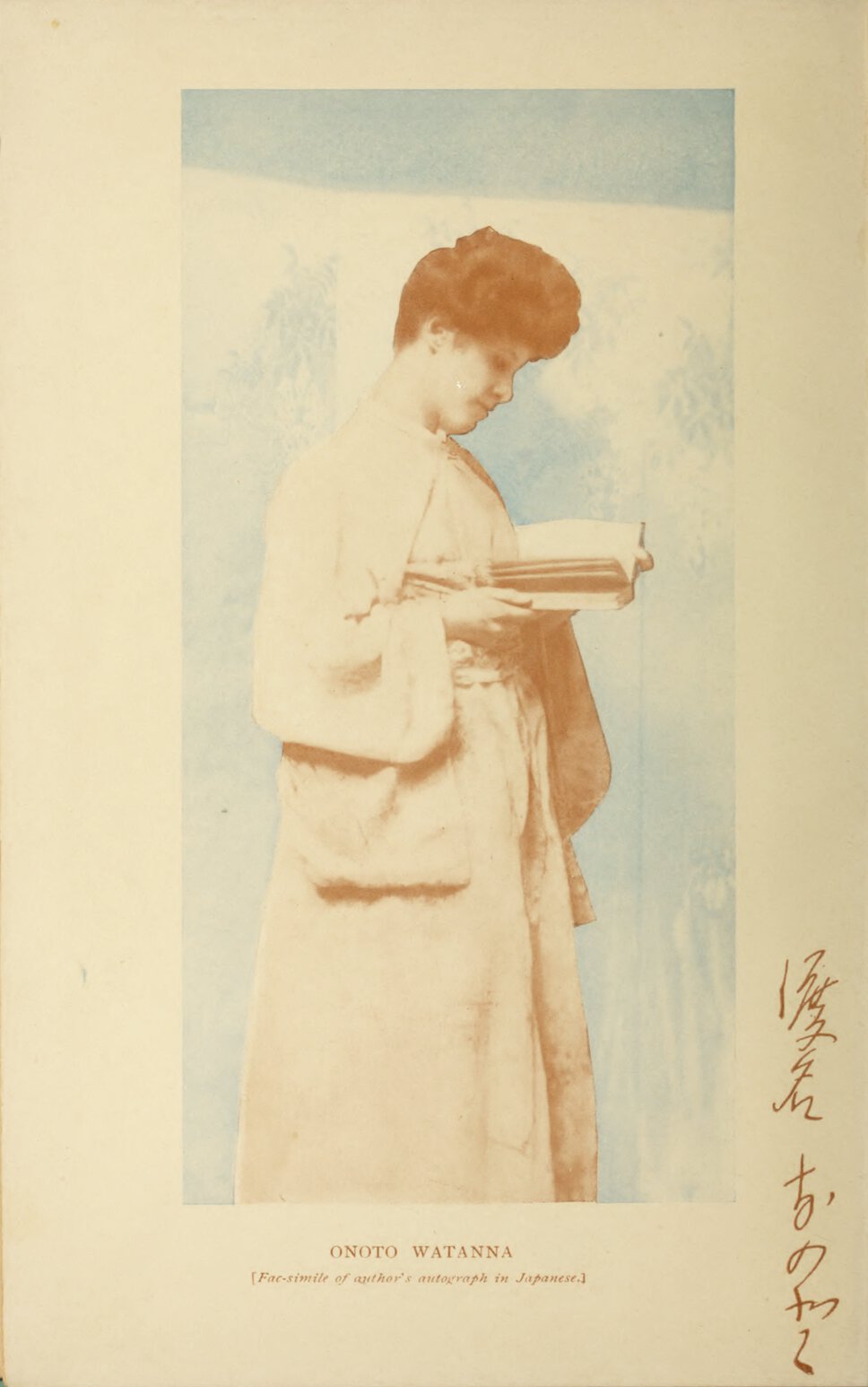 Three-quarters body portrait of Onoto Watanna reading a book with facsimile signature in Japanese.