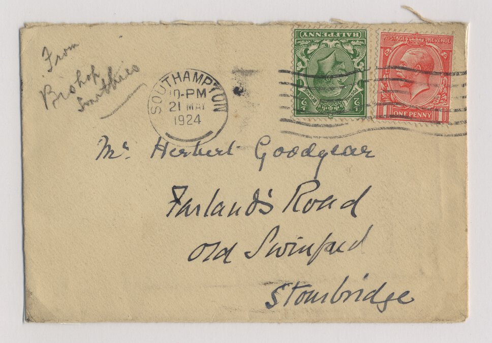 Stamped enveloped to “Mr. Herbert Goodyear” and noted as coming “From Bishop Smythies.”