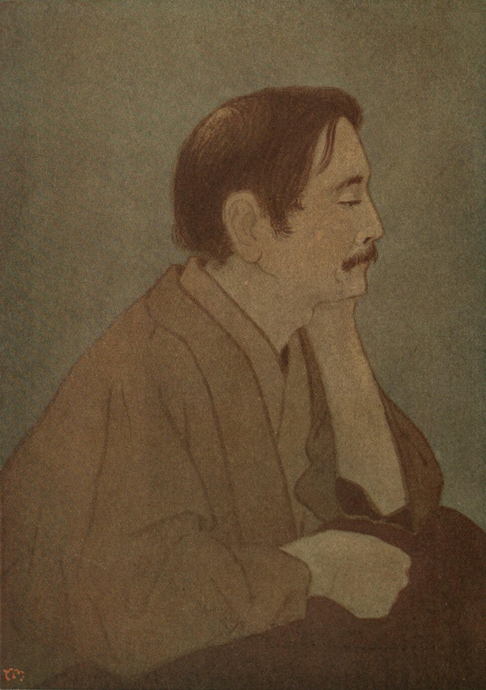 Head and shoulders portrait of Yone Noguchi in half profile, facing left.