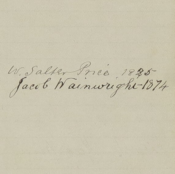 Signatures of Walter Saltley Price and Jacob Wainwright, dated 1875[?] and 1874.