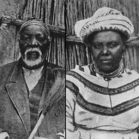 Half-body portrait of Sechele and MmaKgari seated side by side.