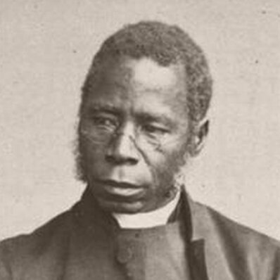 Samuel Ajayi Crowther in half profile, seated, looking slightly down and to his right.