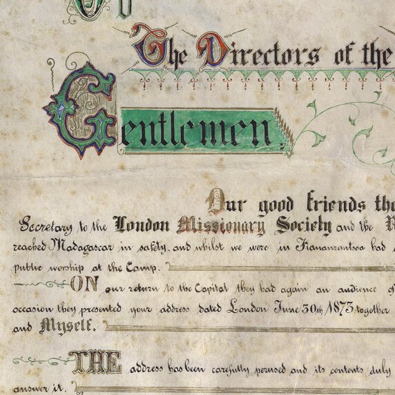 Illuminated ms. in green, red, gold, and black to “the Directors of the London Missionary Society.”